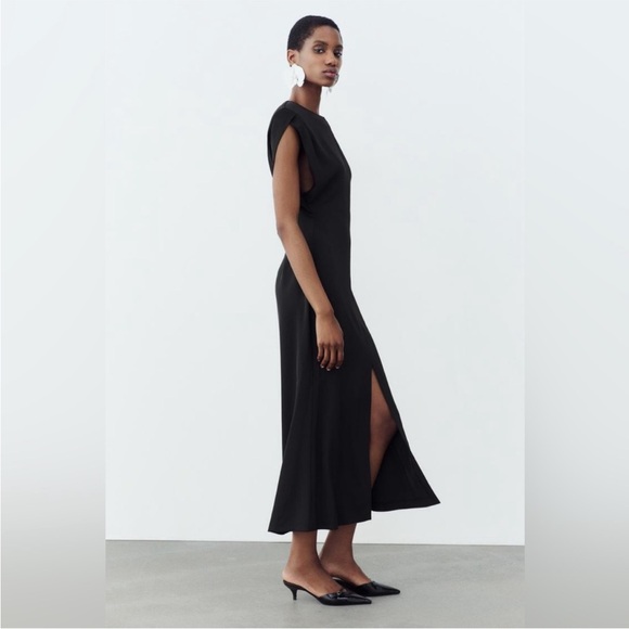 ZARA Shoulder Pad Crepe Midi Dress Black Fitted waist shoulder pads Size S NWT - Picture 8 of 16
